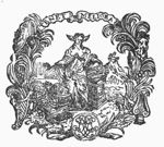 Poetry (Poesia): a standing woman with wings at the side of her head, holding a book; a globe at her feet; background: the sun and Pegasus; frame made of palm-branches with masks, lyre, harp and inscribed banderole