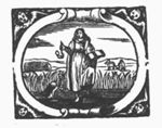 A standing woman (Vigilance) holding an oil-lamp and an open book, at her side a crane holding a stone in its claw; in the background: agricultural activities: ploughing and mowing; frame with cherubs