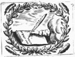A hand from the clouds writing a text on a piece of paper with a quill; laurel wreath surrounded by feathers (in Dutch also: 'pluim') as frame