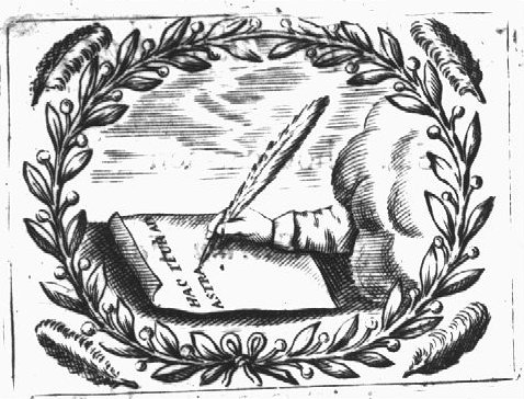 A hand from the clouds writing a text on a piece of paper with a quill; laurel wreath surrounded by feathers (in Dutch also: 'pluim') as frame