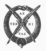 Two crossed quills and a crown; two joined hands