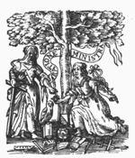 Faith ministered (minister in Dutch also: 'klerk') by Reason: a standing woman, veiled, holding a cross and an open book (Faith), dipping a quill in an ink-well offered to her by a kneeling woman who is holding a caduceus (Reason); in the foreground: an owl, open books, flute, compasses, square, globe and Jacob's staff; coat of arms of Utrecht; banderole with inscription