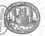 Illustration of "Apocalypse 3:20" 'to Laodicea': Castle with two men: one hammering (Dutch: 'kloppen') against the door, one on top of the castle (Dutch: 'burcht'); initials "I.E.C."