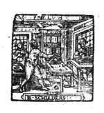 Three men at work in a printing office: one man rolling ink-balls, one man operating a press, a third type-setting at a typecase(?); tables