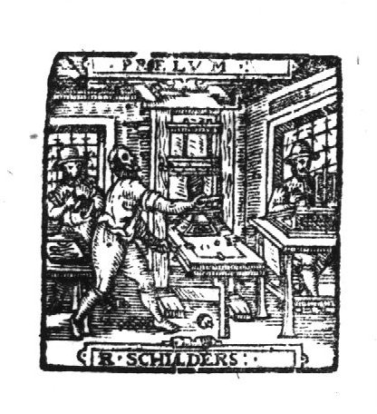 Three men at work in a printing office: one man rolling ink-balls, one man operating a press, a third type-setting at a typecase(?); tables