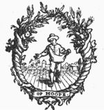 A man sowing (Dutch: 'zaaien'), symmetrical cornucopiae with inscribed banderole as frame