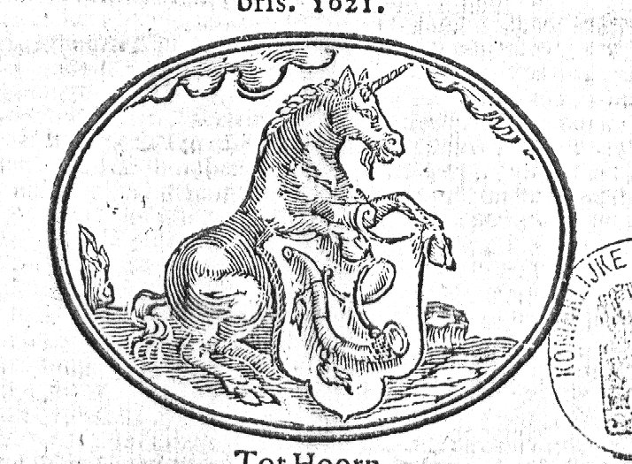 Unicorn holding the coat of arms of Hoorn (hunting horn; Dutch: 'hoorn'); tree-stump