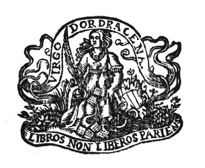 Personification of the city of Dordrecht: sitting woman, holding a palm-branch, 'giving birth to' books in her lap, a coat of arms (of Dordrecht) next to her; banderoles with inscription