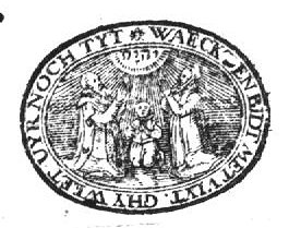 Family (man, wife and child) kneeling in prayer below a Jahweh-tetragram