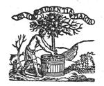 A man wearing a loincloth setting out a tree (bearing fruits) in a cask; behind him a dead tree and a tree-stump; a hilly landscape; banderole