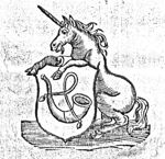 Unicorn holding the coat of arms of Hoorn (hunting horn; Dutch: 'hoorn')