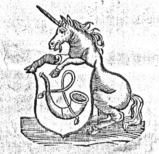 Unicorn holding the coat of arms of Hoorn (hunting horn; Dutch: 'hoorn')