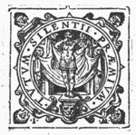 'Roman' soldier holding his left arm sidewards, his right hand over his mouth, symbolizing Silence; decorated frame; initials "I.M."
