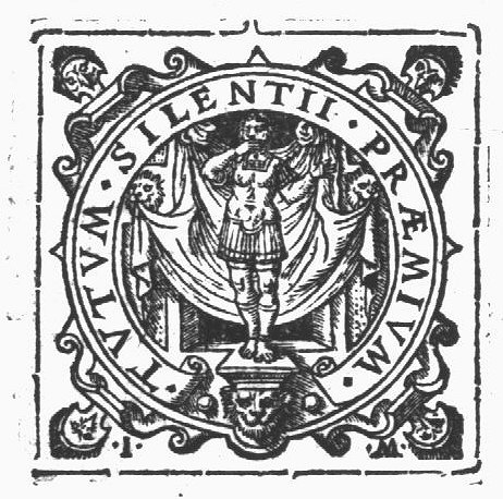 'Roman' soldier holding his left arm sidewards, his right hand over his mouth, symbolizing Silence; decorated frame; initials "I.M."