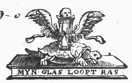 A pedestal with a turtle; on top of the turtle: an hourglass with wings at its sides and a skull on top