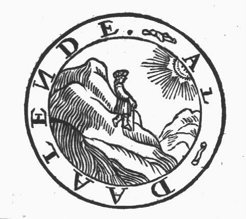 Man, wearing head-gear, holding a walking stick, descending (Dutch: 'dalen') a mountain; the sun