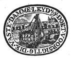 Lake with a dam (Dutch: 'dam'), sun with Jahweh-tetragram(?); group of men around a crane