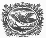 Eagle flying over a coastal landscape with city-view; ornamental scrollwork frame with roses
