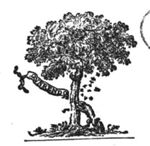 Bees attacking a wolf searching for honey from a tree; banderole