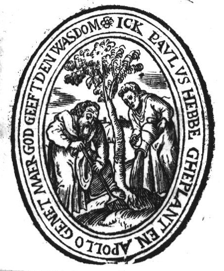 St. Paul setting out a tree (spading), St. Apollos watering it