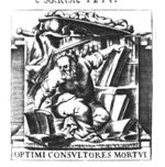 A sitting man (scholar) in a study reading; attributes of Minerva (lance and Aegis) and Mercury (Caduceus and Petasus)