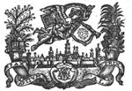 Flying woman with wings at the shoulder, laurel on the head, two trumpets (Fame), on one of the trumpets a banner with the sun represented as a face and the abbreviated inscription 'Sol iustitiae illustra nos'; view of a city (Utrecht); banderole with inscription
