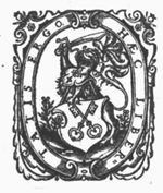 Coat of arms of Leiden, held by a lion, wearing a helmet and holding a sword; decorated frame