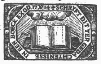 Open book on a lectern, cloud above; decorated frame