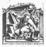 A sitting man (scholar) in a study reading; attributes of Minerva (lance and Aegis) and Mercury (Caduceus and Petasus)