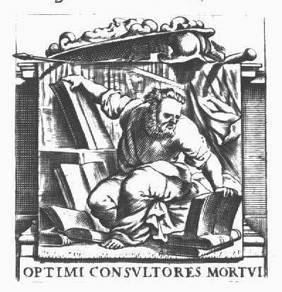A sitting man (scholar) in a study reading; attributes of Minerva (lance and Aegis) and Mercury (Caduceus and Petasus)