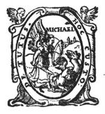 Saint Michael fighting the dragon; frame decorated with putti