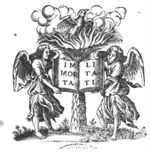 Phoenix on top of a burning palm tree; two angels holding an open book
