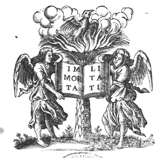 Phoenix on top of a burning palm tree; two angels holding an open book