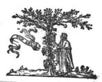 Man picking a bunch of grapes off a vine, winding itself round a tree; banderole