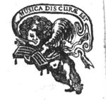 A cupid holding an open book with musical score, a banderole with inscription 'attached' to his mouth