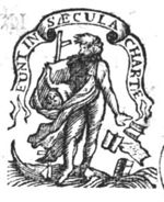 Father Time (scythe) throwing books on the ground; banderole with inscription