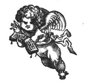 A cupid holding an open book with musical score
