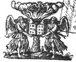 Phoenix on top of a burning palm tree; two angels holding an open book
