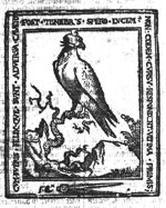 A falcon sitting on a tree trunk; compasses (Dutch: 'passer')