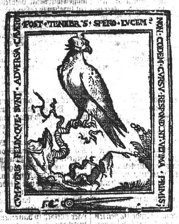 A falcon sitting on a tree trunk; compasses (Dutch: 'passer')