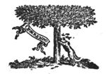 Bees attacking a wolf searching for honey from a tree; banderole