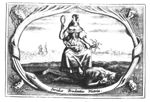 Prudence (a woman with two faces, with one of which she is looking in a mirror, while she is holding a bundle of snakes) trampling on Envy (a man lying face down on the earth, snakes for hair) in the background: two ships on a rough sea; buildings on the shore of a calm sea; frame decorated with the head of Envy in four corners