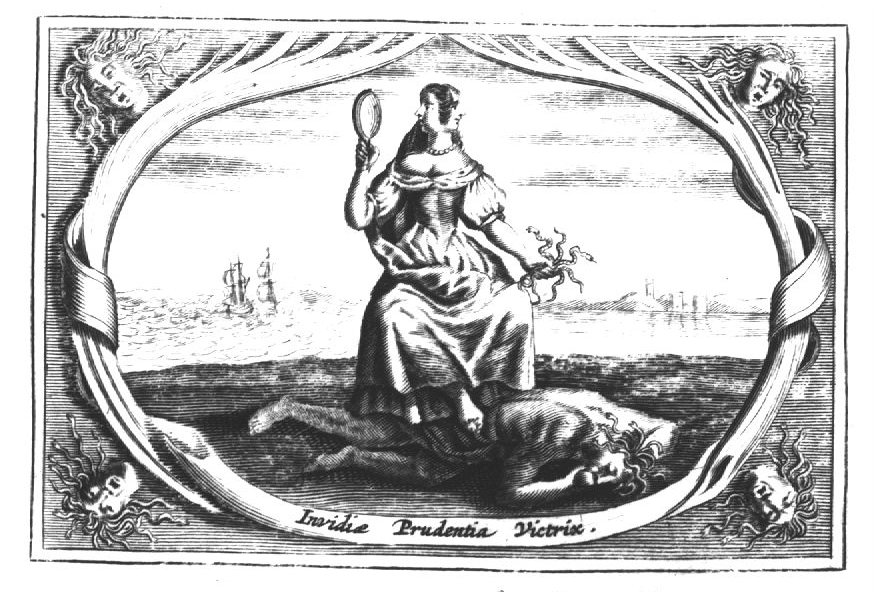 Prudence (a woman with two faces, with one of which she is looking in a mirror, while she is holding a bundle of snakes) trampling on Envy (a man lying face down on the earth, snakes for hair) in the background: two ships on a rough sea; buildings on the shore of a calm sea; frame decorated with the head of Envy in four corners