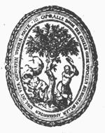A man cutting a tree with an axe, another man making a fire; decorated frame