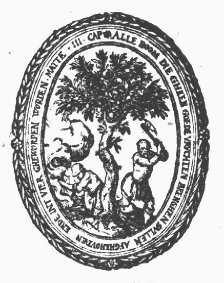 A man cutting a tree with an axe, another man making a fire; decorated frame