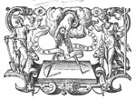 Compasses held by a hand (clouds); Constancy (cross) and Labour (a man with a spade; banderole with inscription
