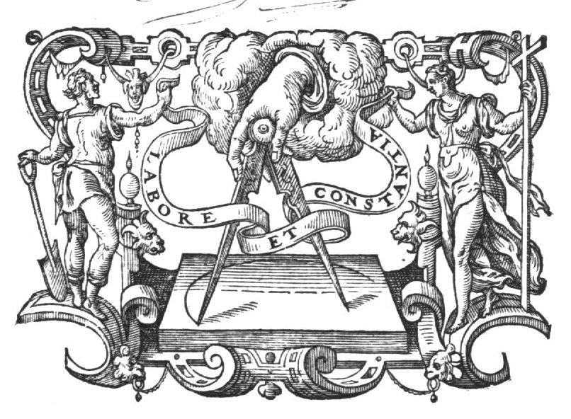 Compasses held by a hand (clouds); Constancy (cross) and Labour (a man with a spade; banderole with inscription