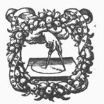 Compasses held by a hand (clouds), frame consisting of festoon of fruit with inscribed banderole