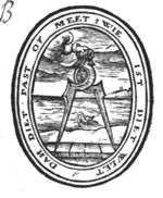 Compasses (Dutch: 'passer') held by a hand from the clouds, measuring; a riverscape with a swan