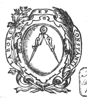 Compasses on a cartouche, framed by inscribed banderole intertwined with branches